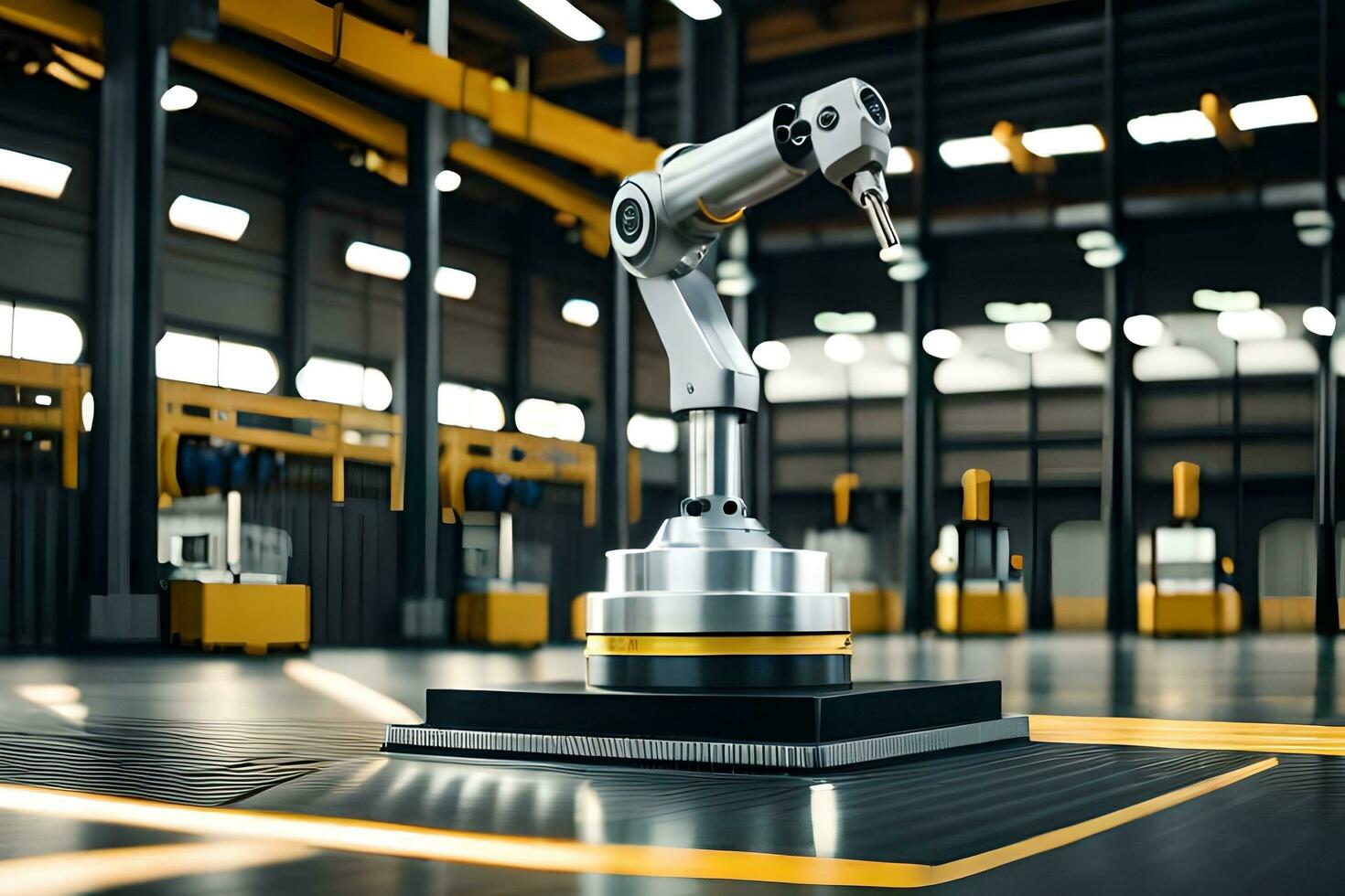 a robotic arm in a warehouse with yellow lights. AI-Generated photo