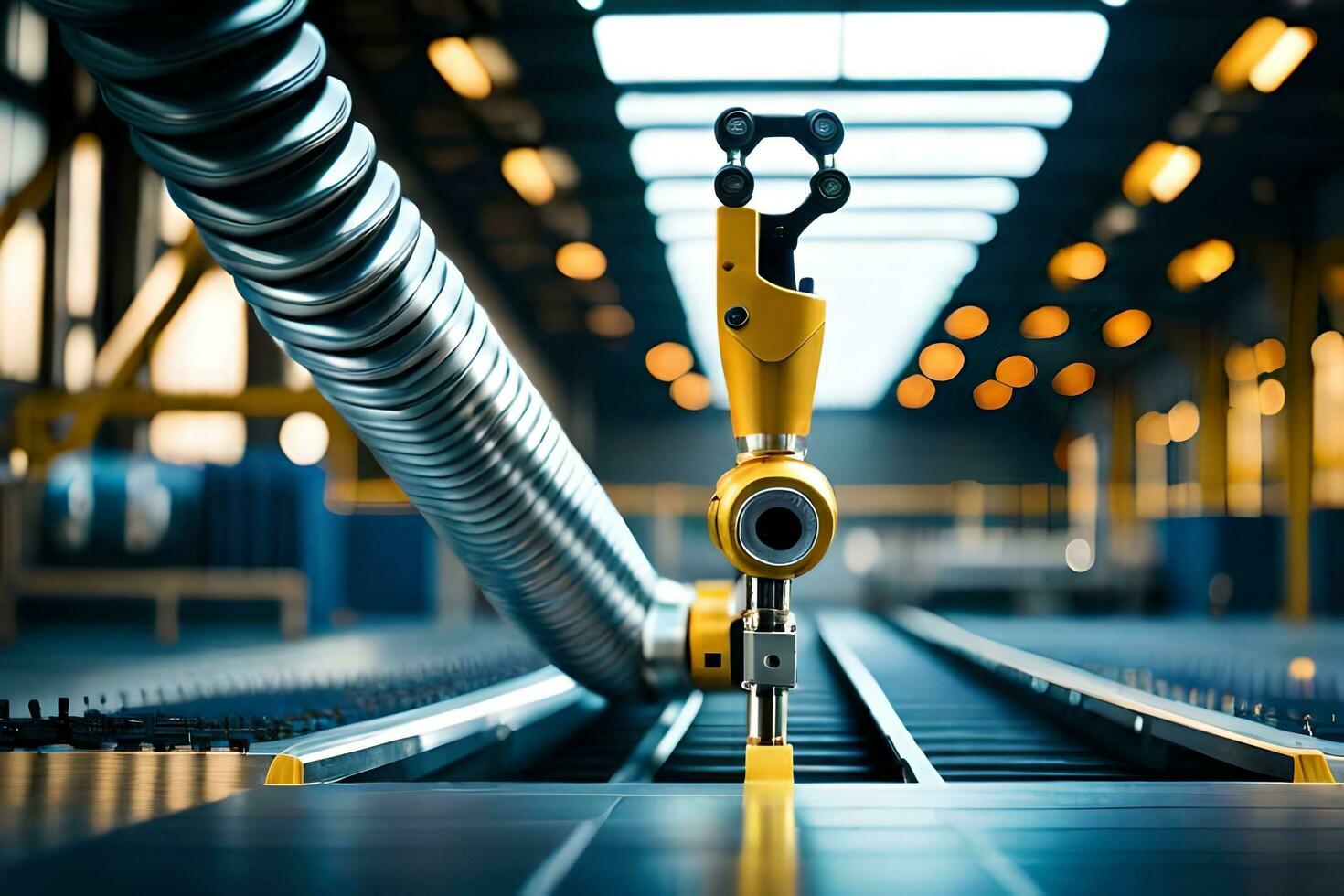 a close up of a machine on a conveyor belt. AI-Generated photo