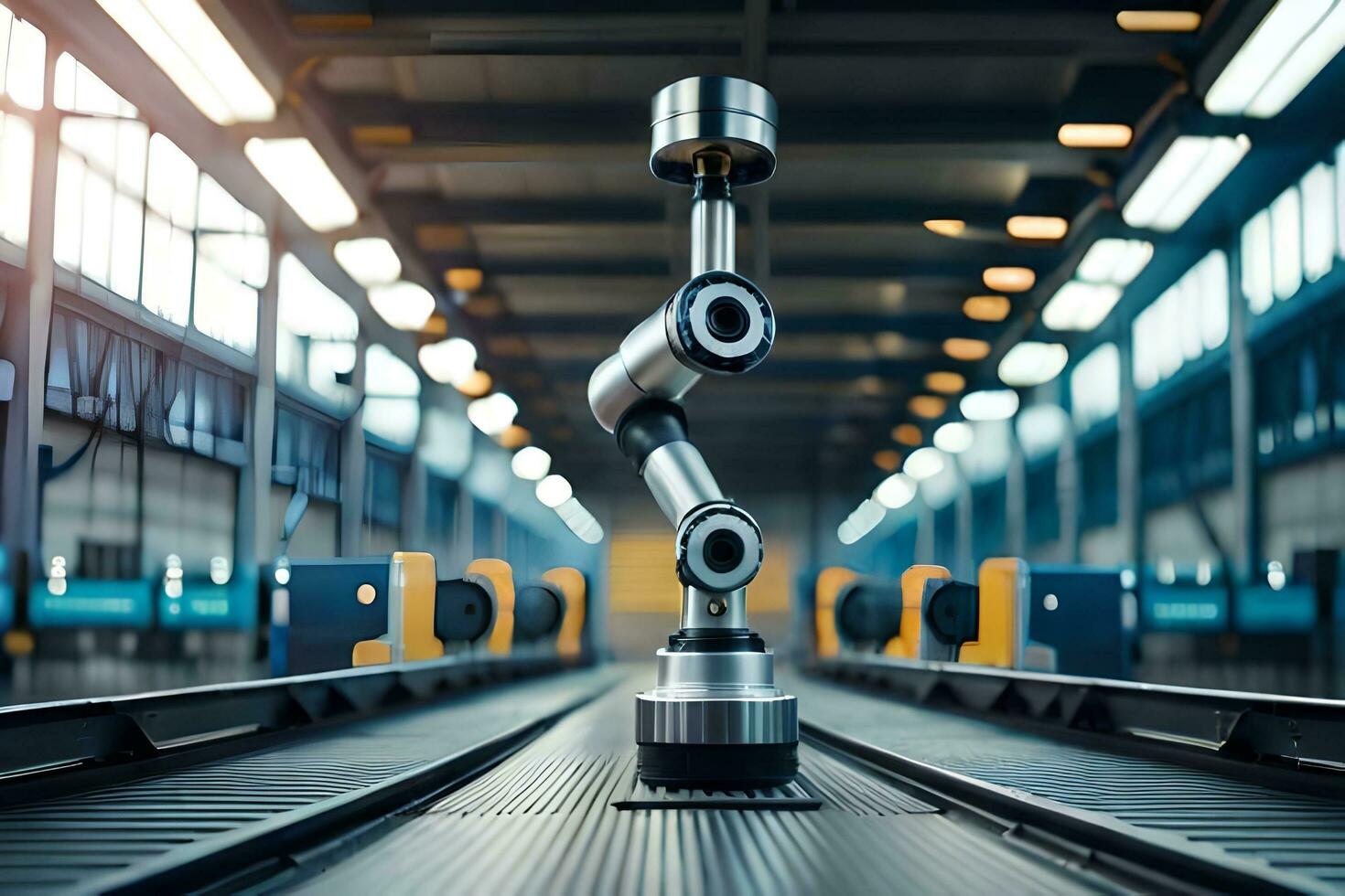 a robotic arm is standing on a track in a factory. AI-Generated photo