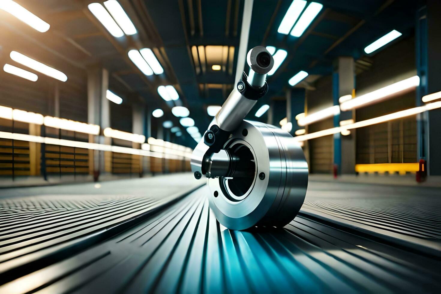 a close up of a metal object on a conveyor belt. AI-Generated photo