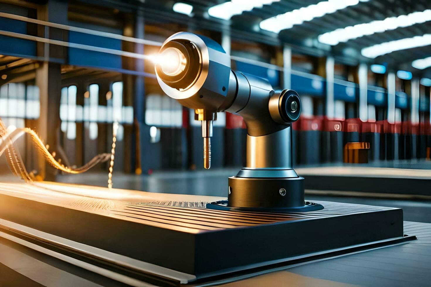 a robotic arm is sitting on a table in a factory. AI-Generated photo