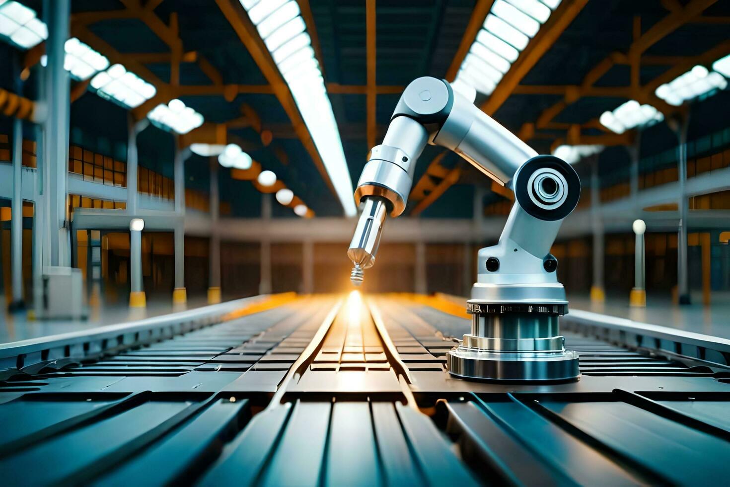 a robotic arm is on a conveyor belt in an industrial setting. AI-Generated photo