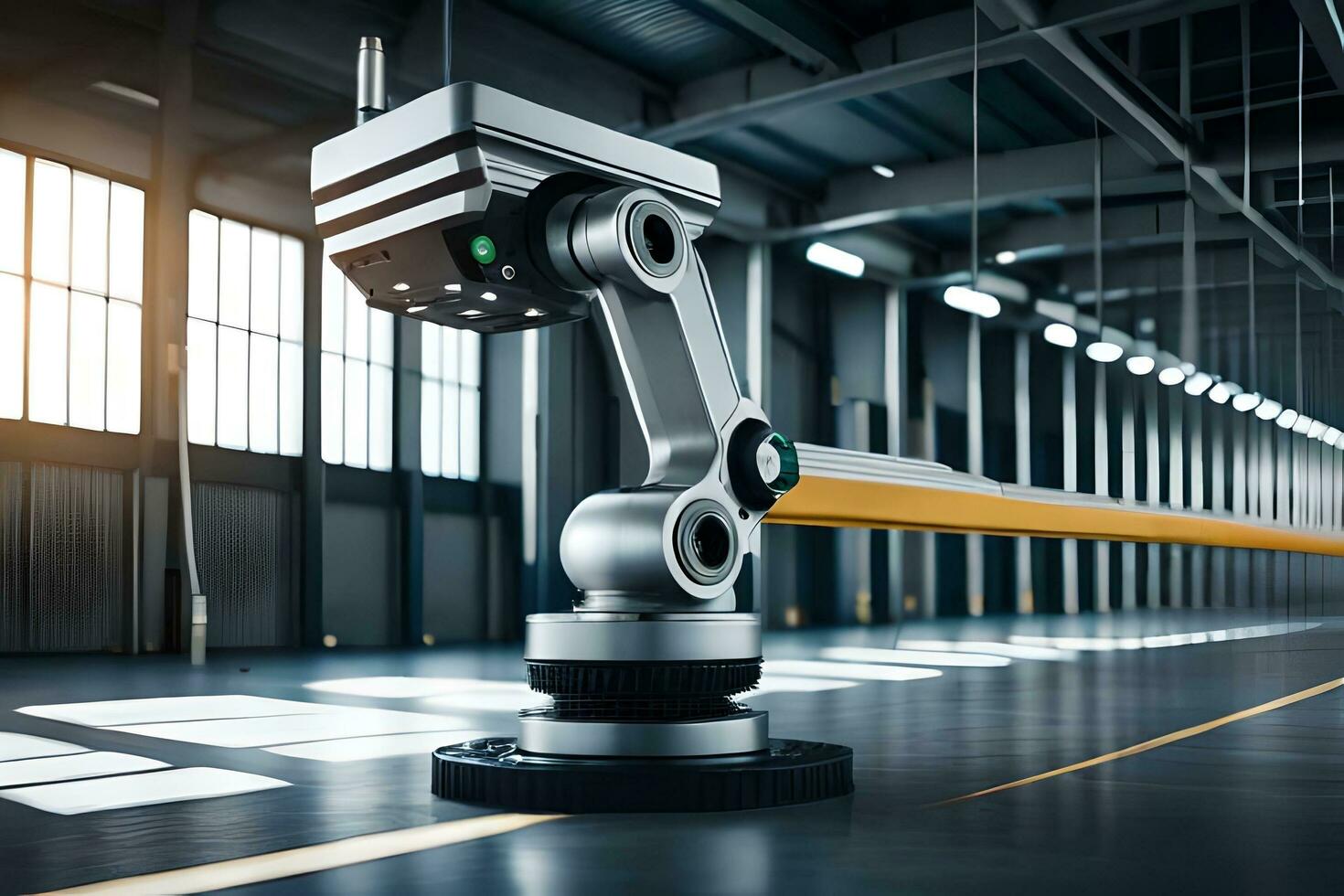 a robotic arm is standing in a large warehouse. AI-Generated photo