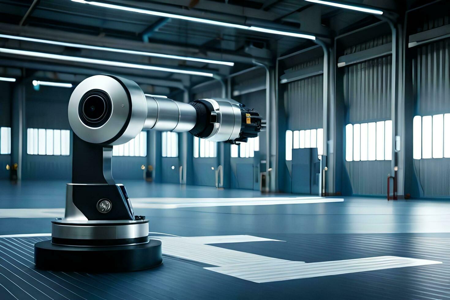a robotic arm in a large warehouse. AI-Generated photo