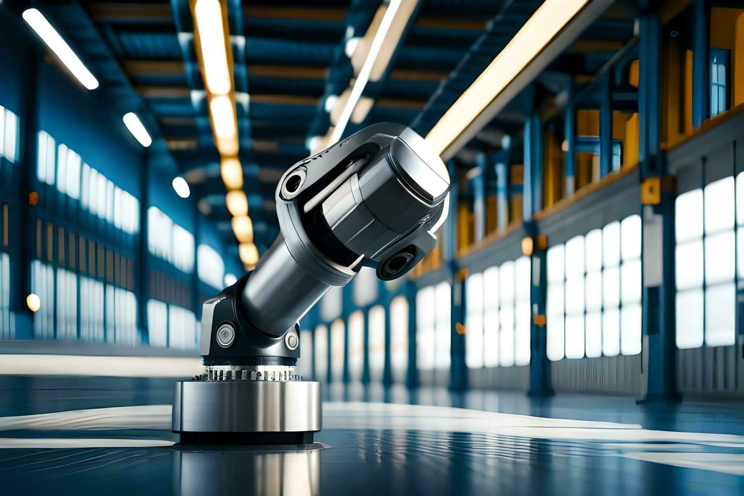 a robotic arm is sitting on a floor in a warehouse. AI-Generated photo