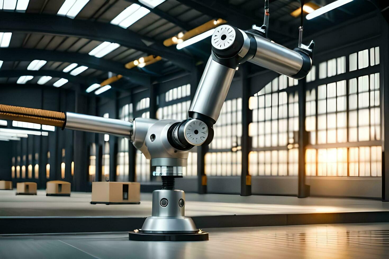 a robotic arm in a warehouse with boxes on the floor. AI-Generated photo