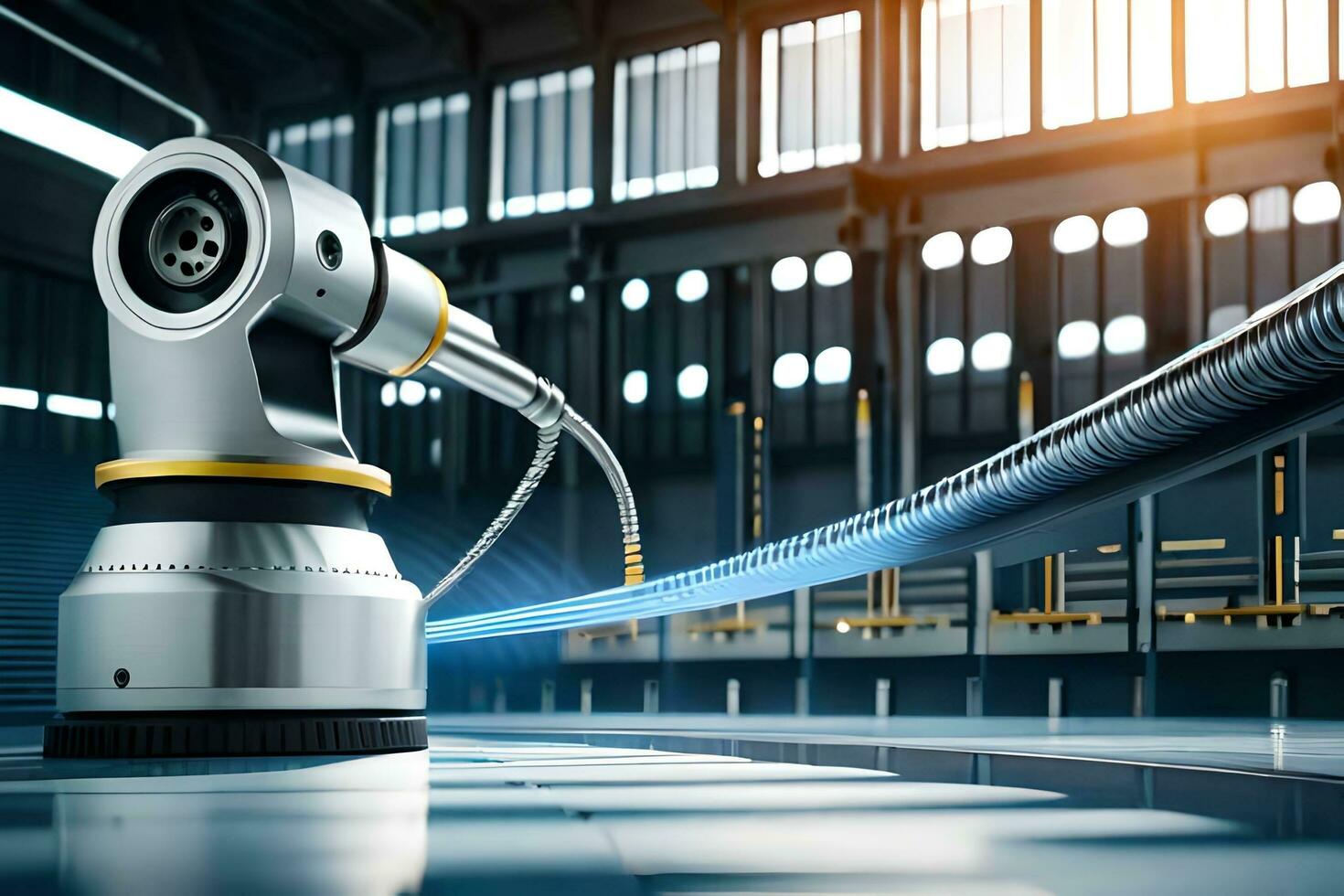 a robotic arm is sitting on a table in a factory. AI-Generated photo