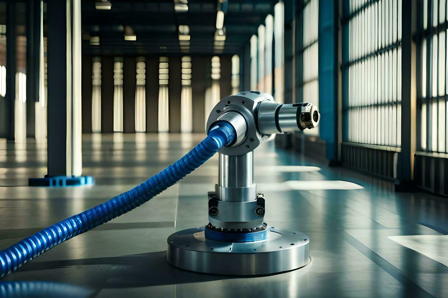 a blue hose is connected to a metal machine. AI-Generated photo