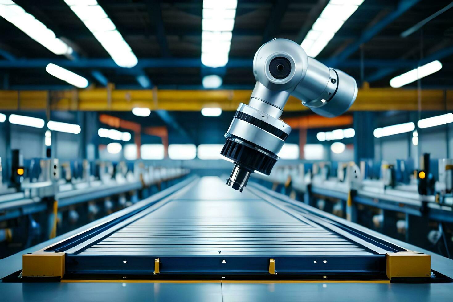 a robot is standing in front of a conveyor belt. AI-Generated photo