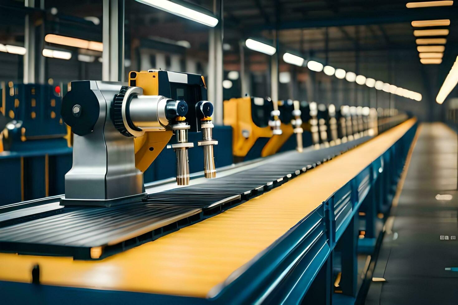 un máquina es trabajando en un transportador cinturón en un fábrica. generado por ai foto