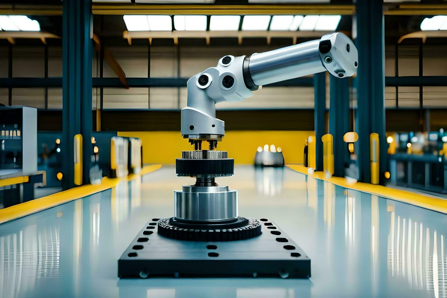 a robotic arm is sitting on a conveyor belt. AI-Generated photo