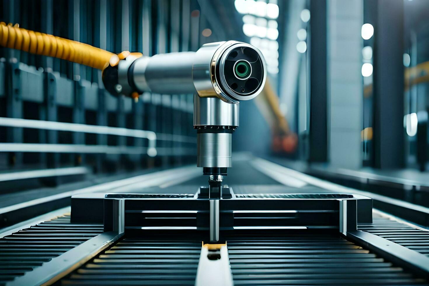 a robotic arm is on a conveyor belt in a factory. AI-Generated photo