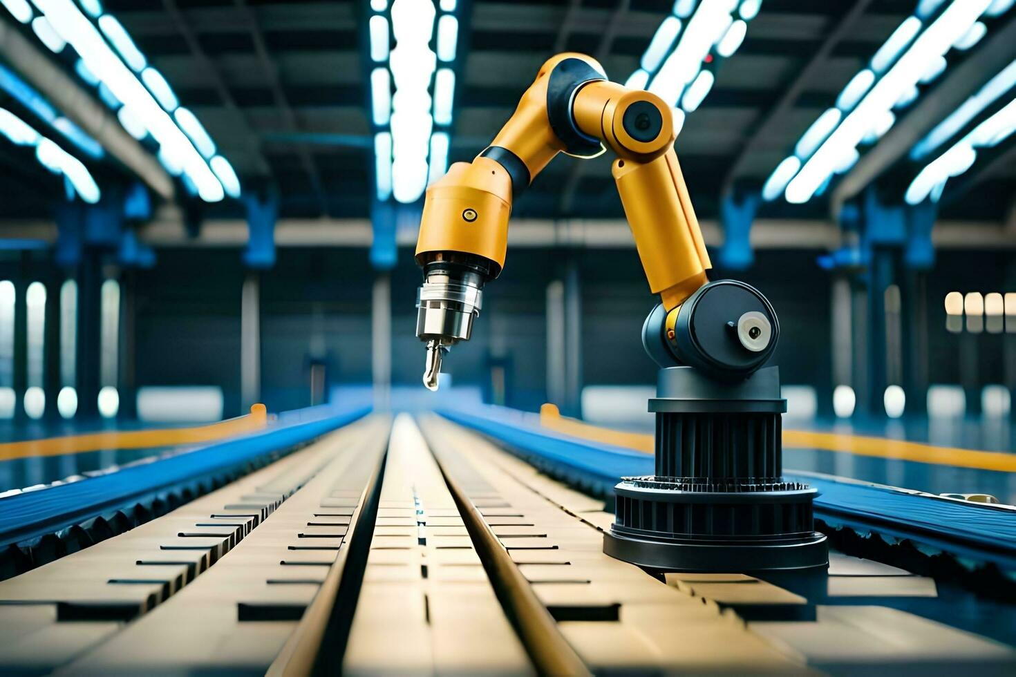 a robotic arm is standing on a conveyor belt. AI-Generated photo