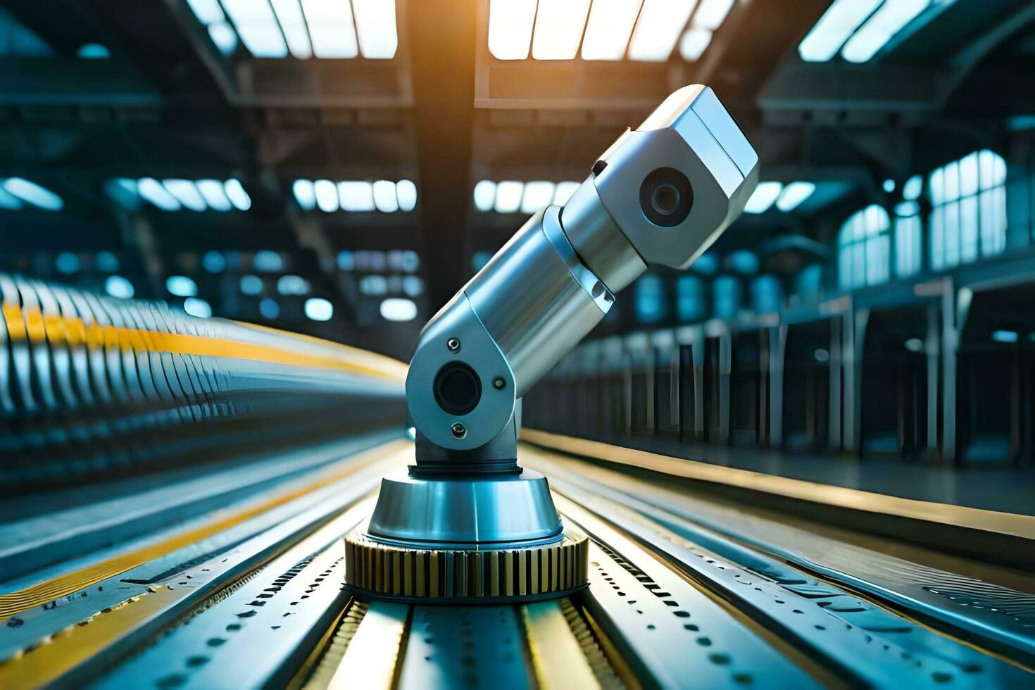 a robotic arm is sitting on a conveyor belt. AI-Generated photo