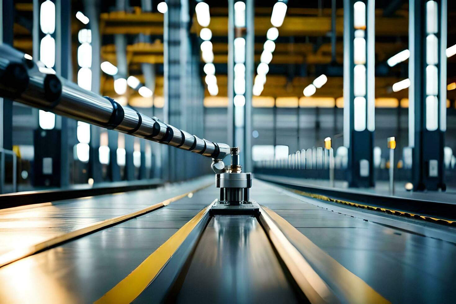 a long conveyor belt in a warehouse with lights. AI-Generated photo