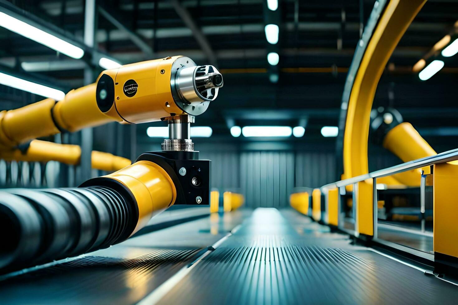 robots in a factory with yellow pipes. AI-Generated photo