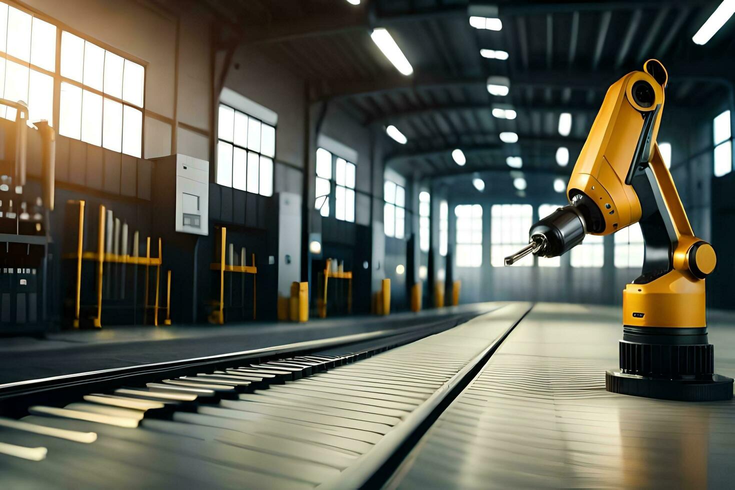 a robotic arm is standing in front of a warehouse. AI-Generated photo