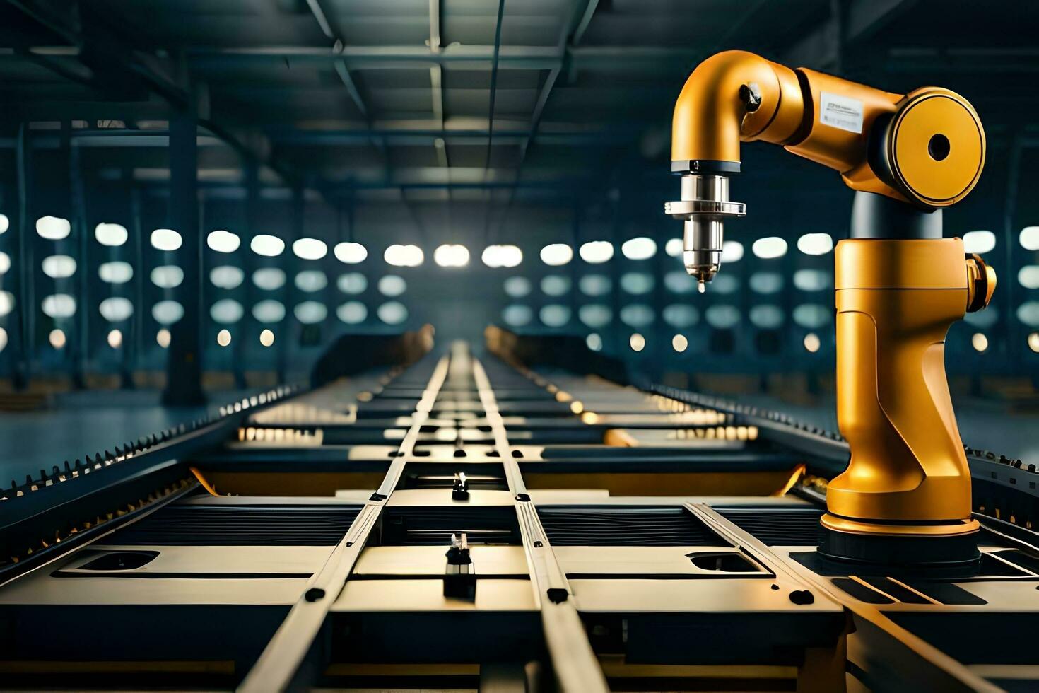 a robotic arm is sitting on a conveyor belt. AI-Generated photo
