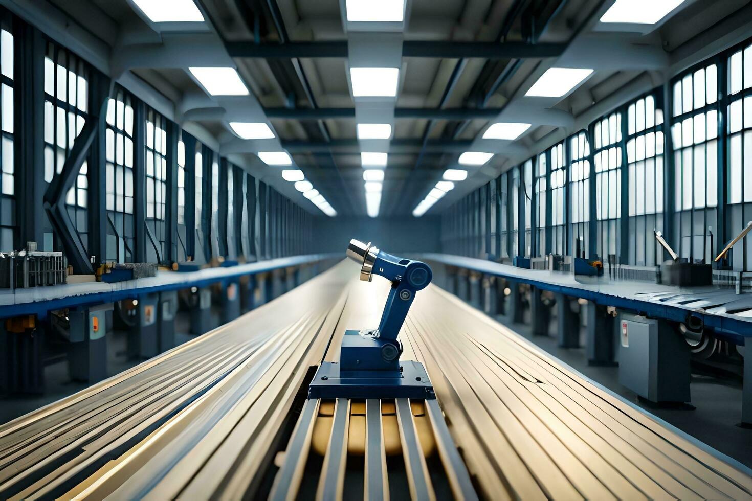 a robot is standing on a long metal table. AI-Generated photo