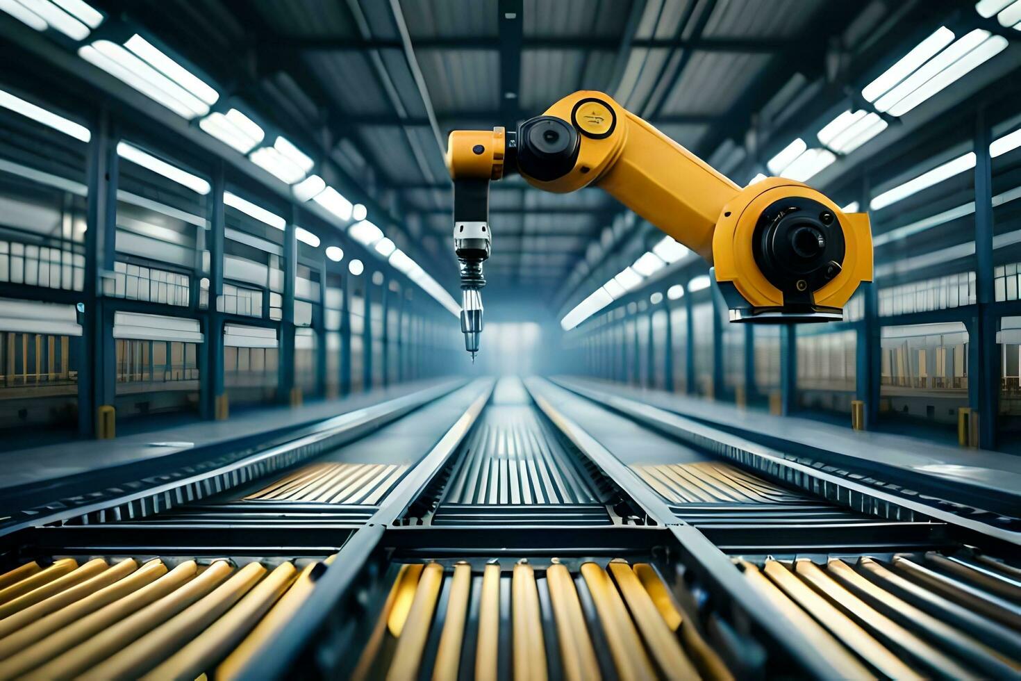 a robotic arm is standing on a track in a warehouse. AI-Generated photo
