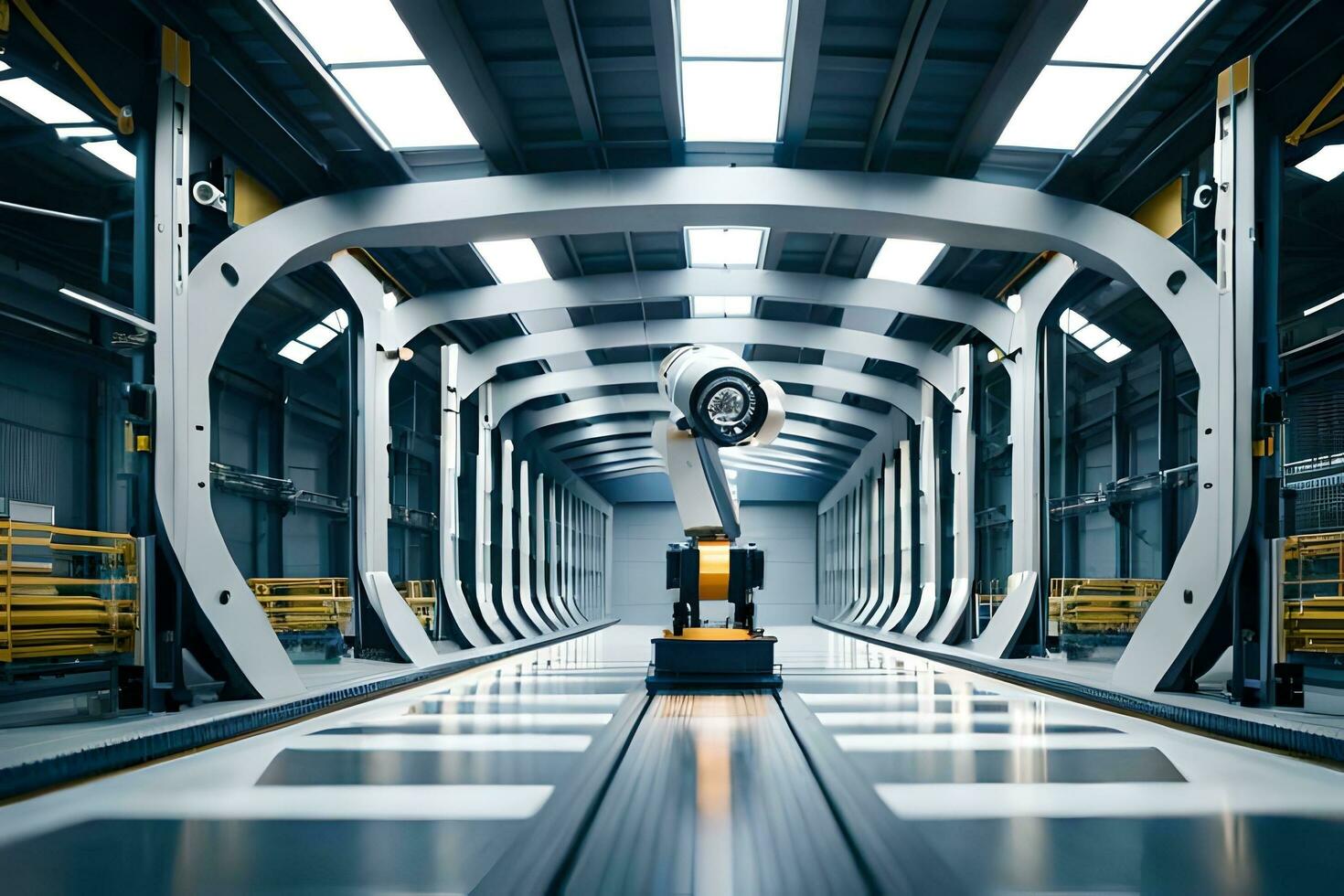a robot is walking down a long hallway in a factory. AI-Generated photo