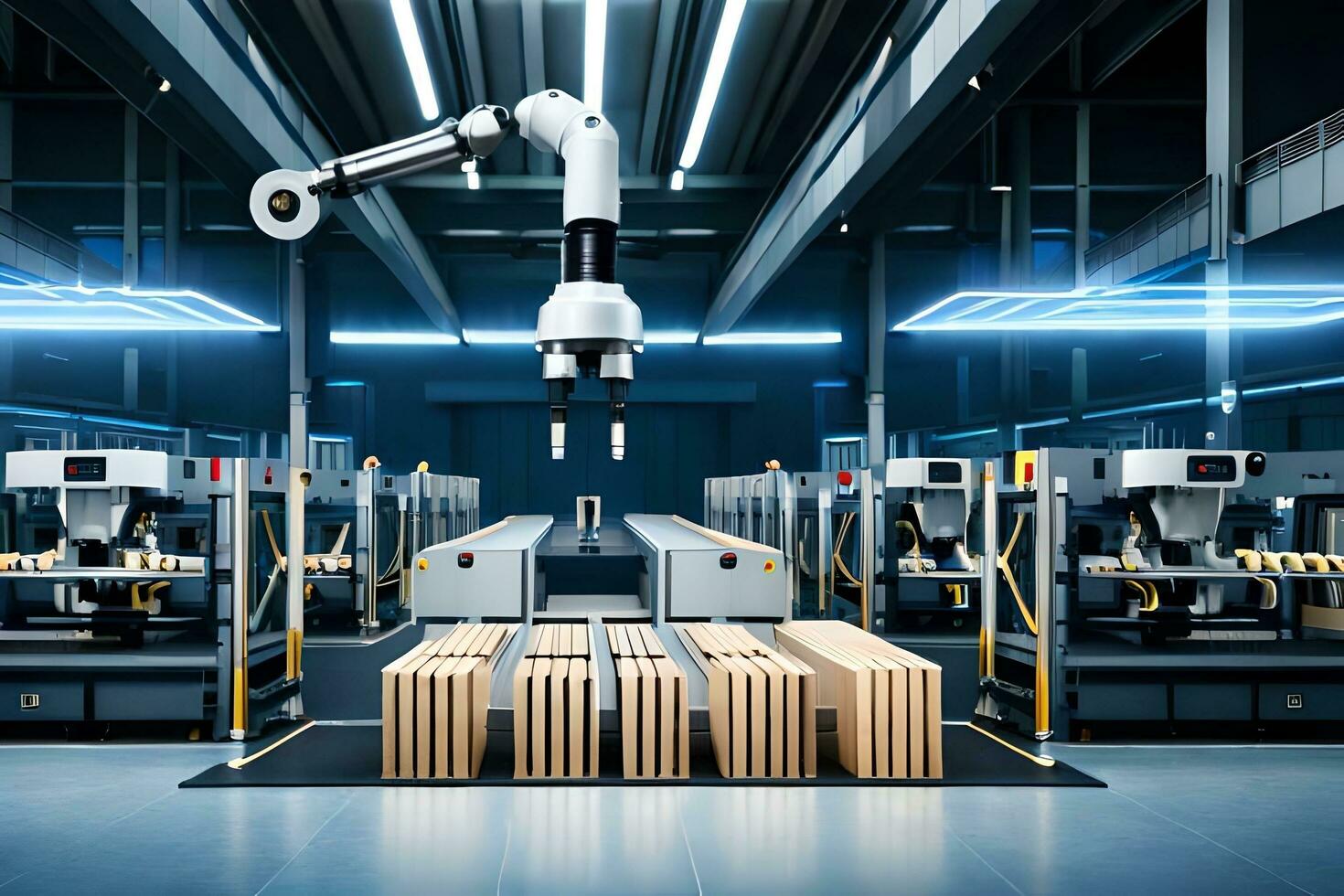a robot is working in a factory with boxes. AI-Generated photo