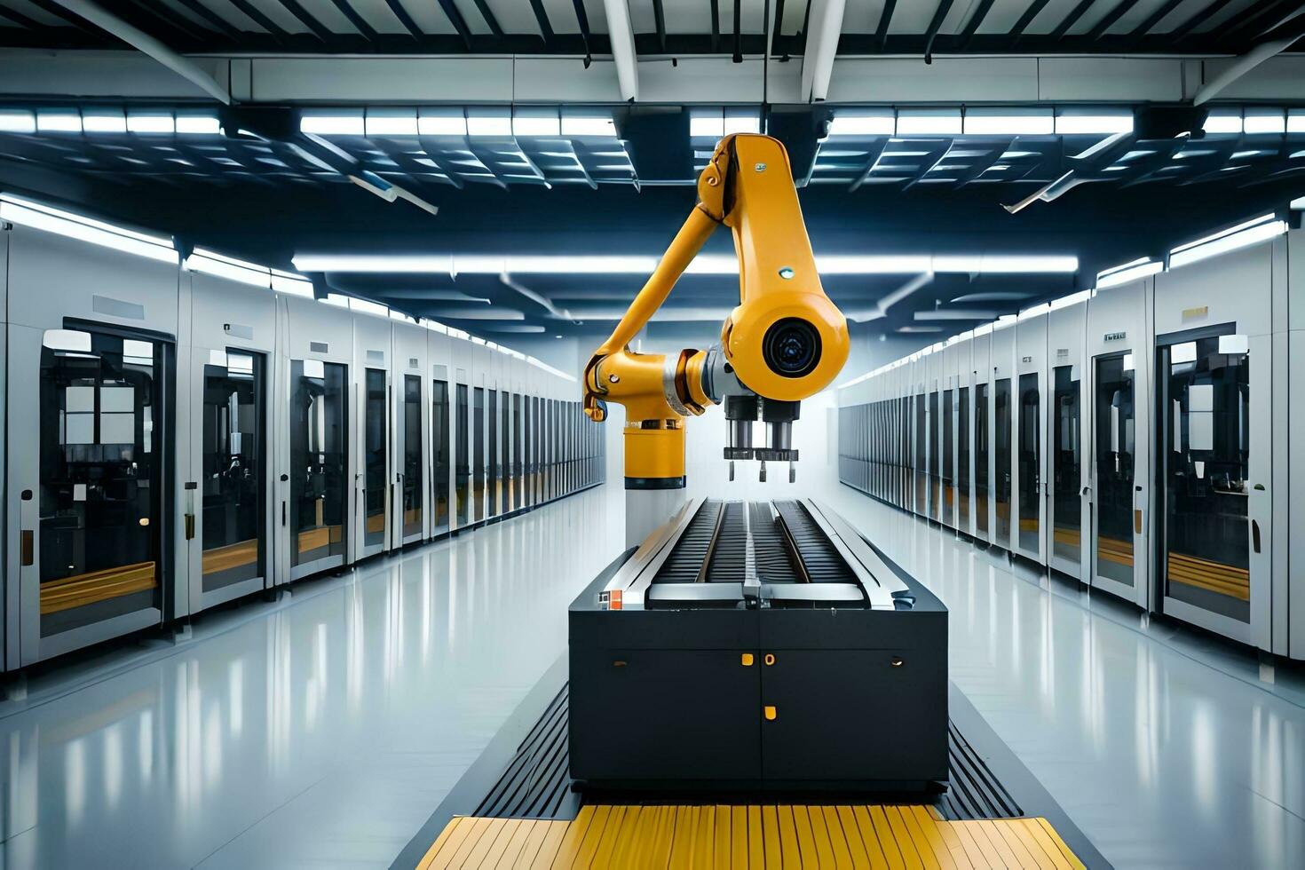 a robotic arm is in a large warehouse. AI-Generated photo