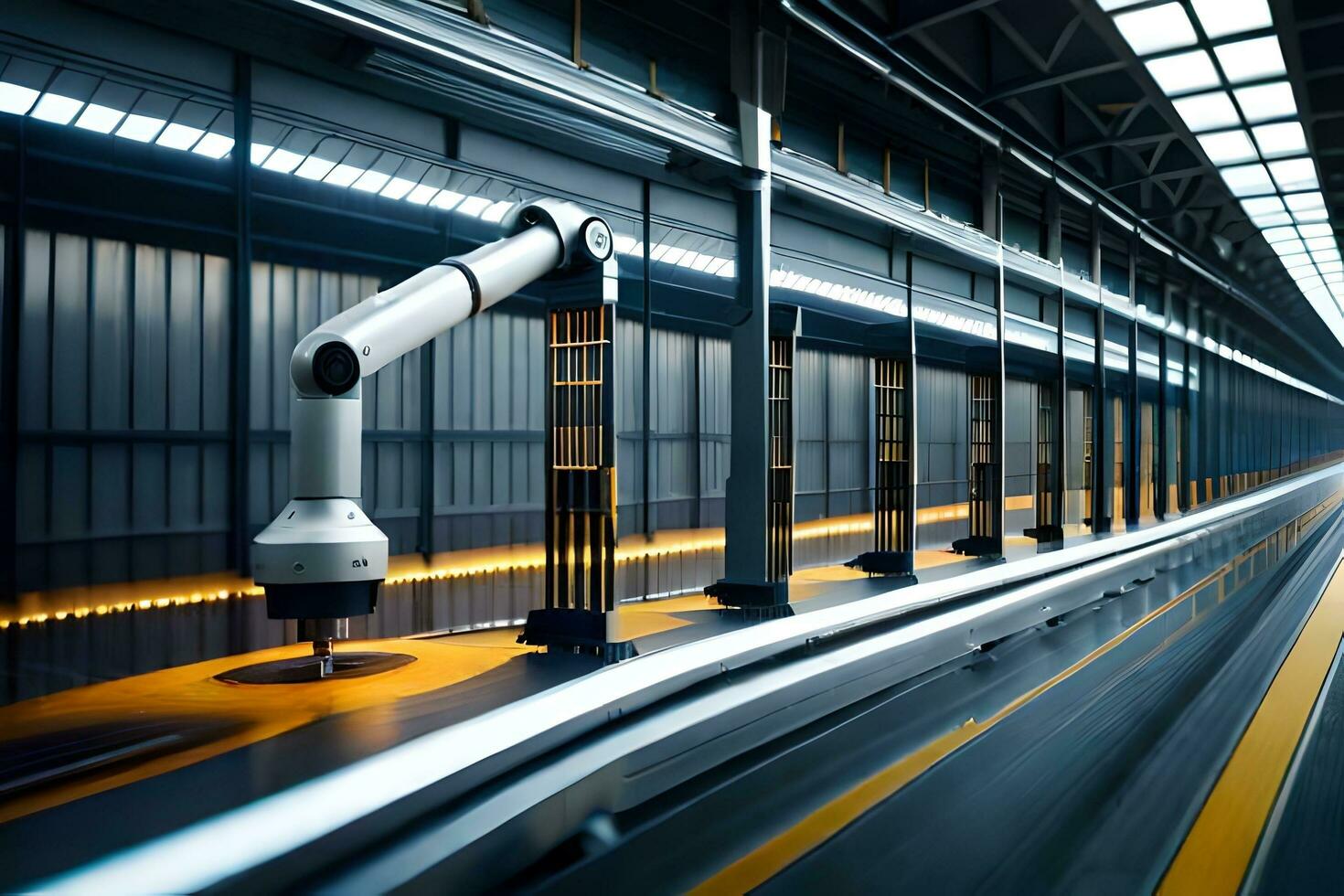 robots in a factory with a long line of cars. AI-Generated photo