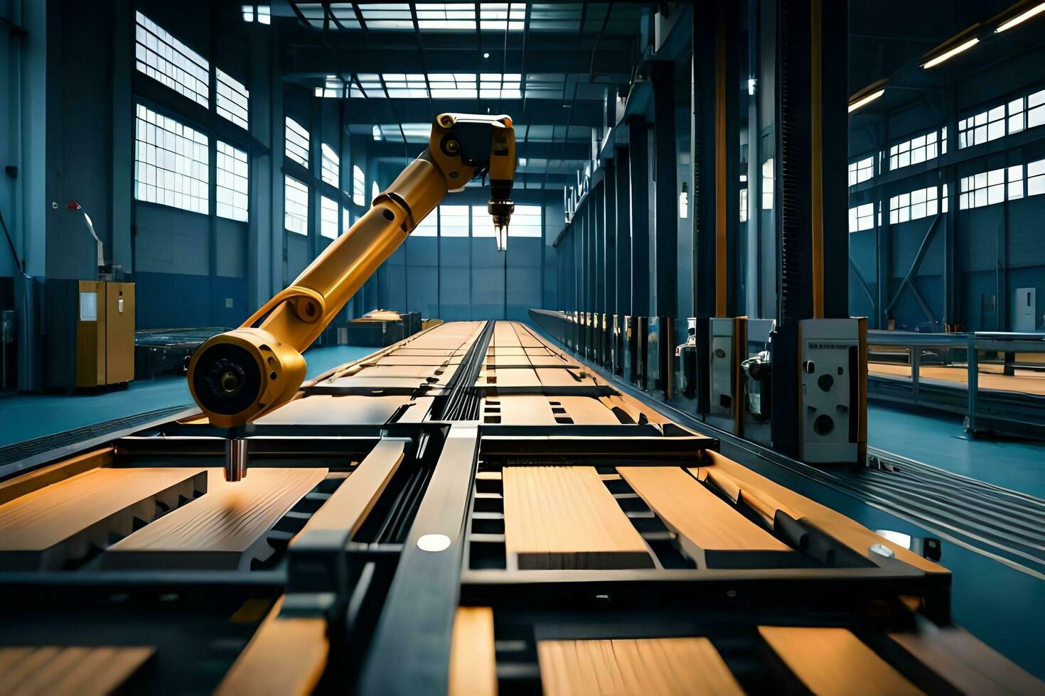 a robotic arm is moving a piece of metal in a factory. AI-Generated photo