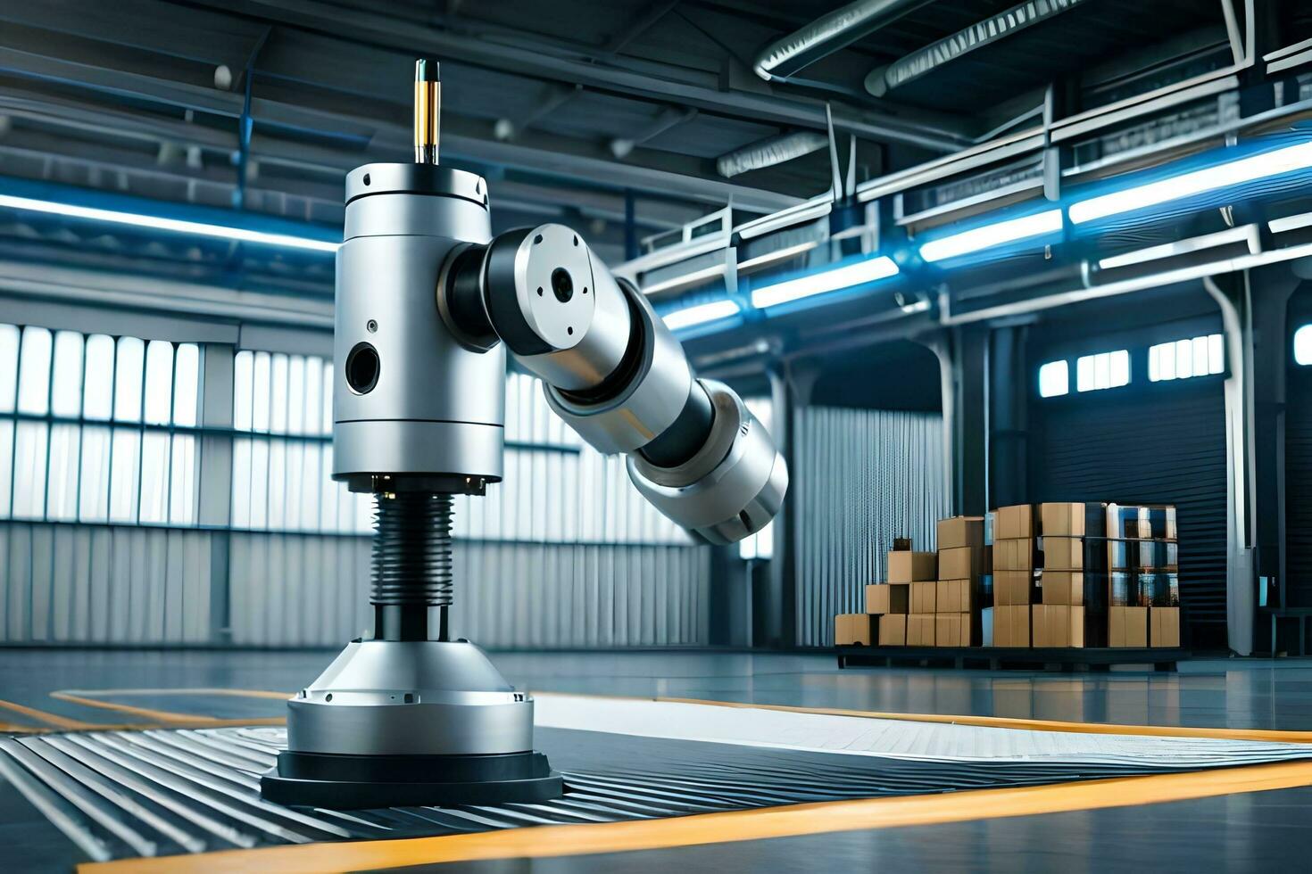 a robotic arm is sitting on a conveyor belt. AI-Generated photo