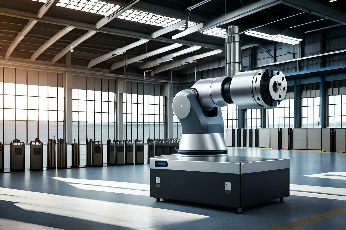 a large industrial robot in a large warehouse. AI-Generated photo