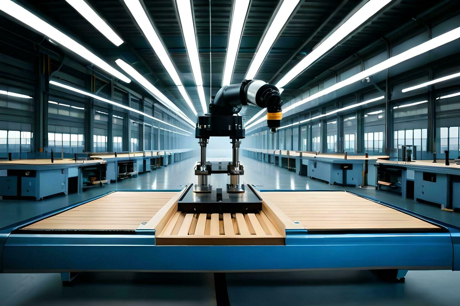 a robot is standing in a factory with a table. AI-Generated photo