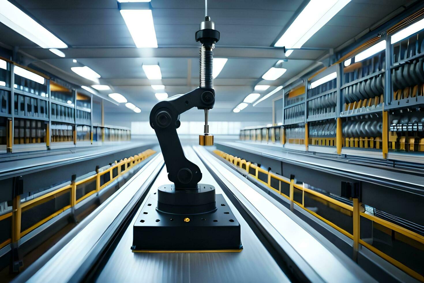 a robotic arm is on a conveyor belt in a factory. AI-Generated photo