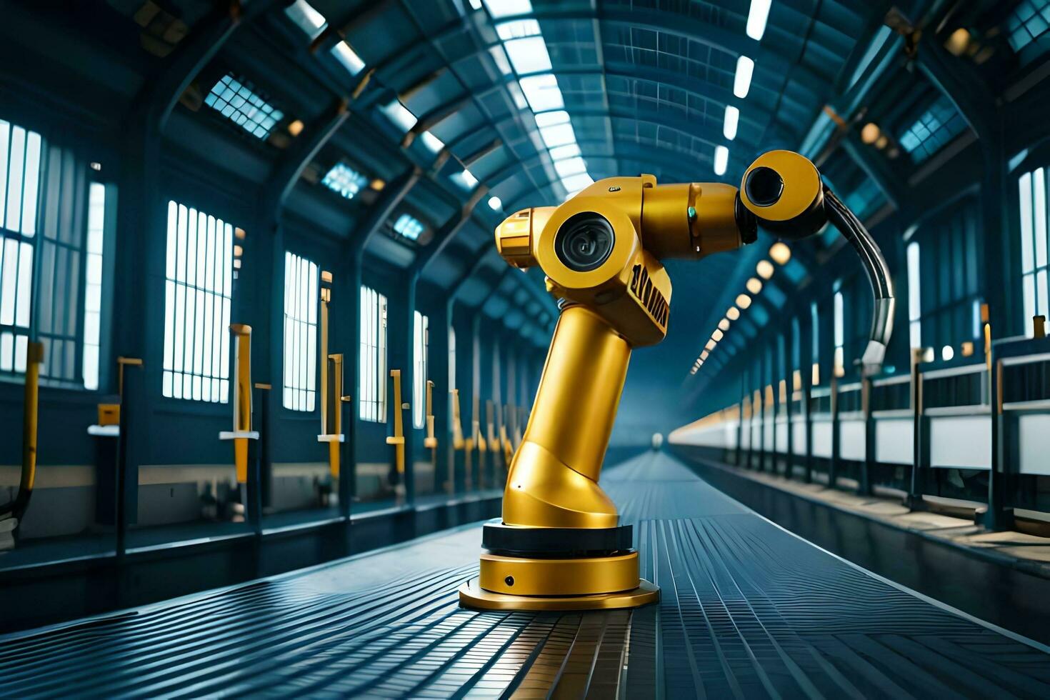 a robotic arm is standing in a large warehouse. AI-Generated photo