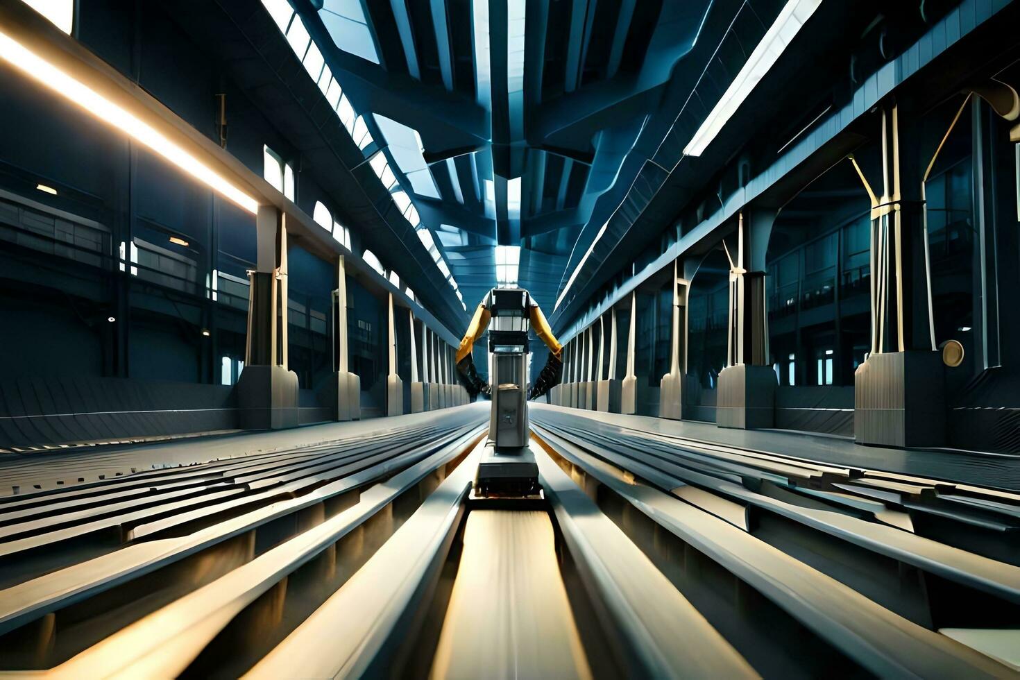 a robot is walking down a long hallway. AI-Generated photo