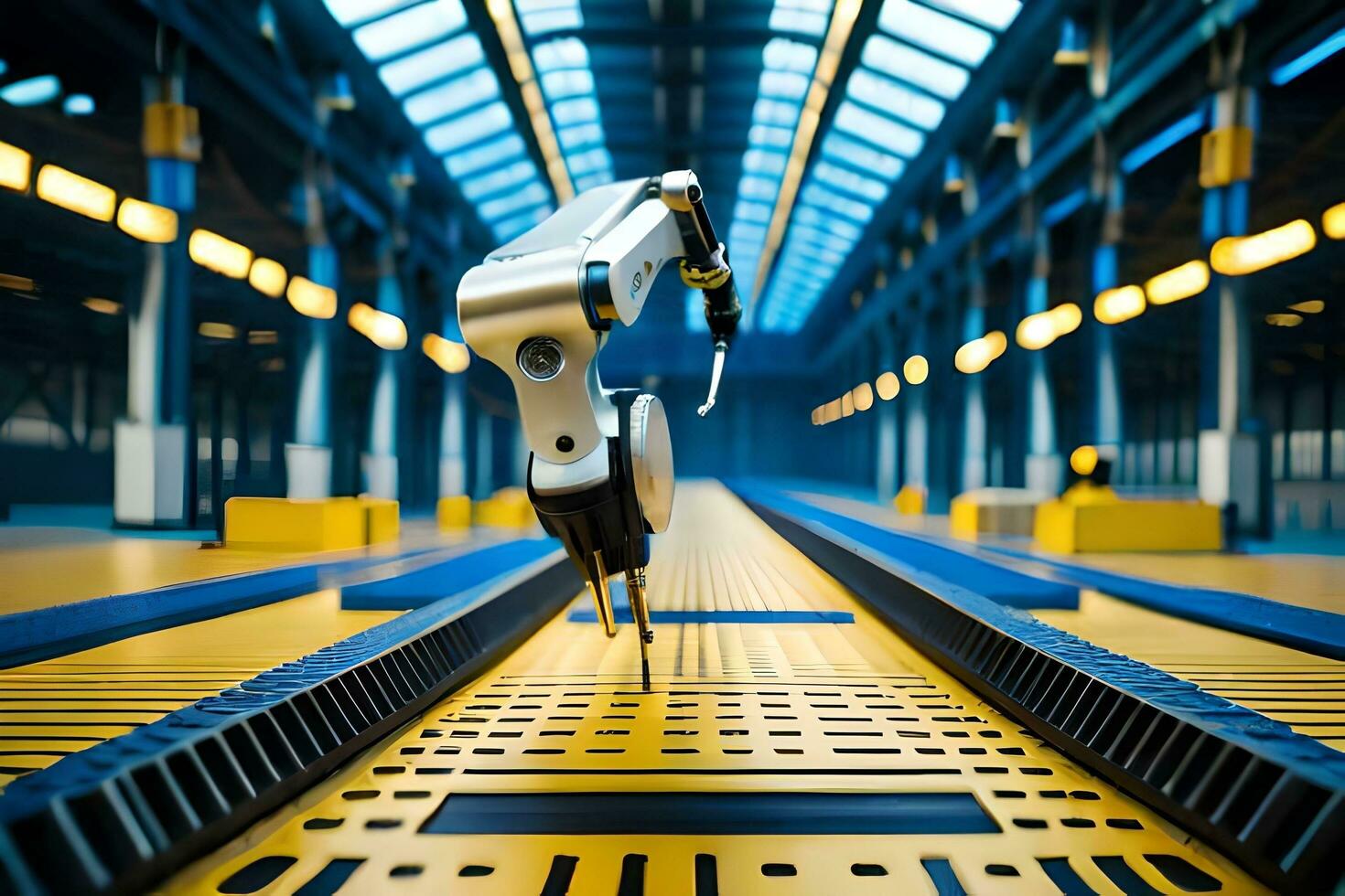 a robot is standing on a conveyor belt in a factory. AI-Generated photo