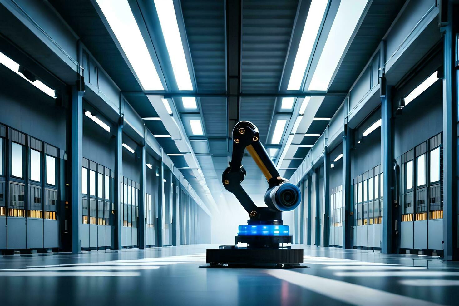 a robot is standing in a large warehouse. AI-Generated photo