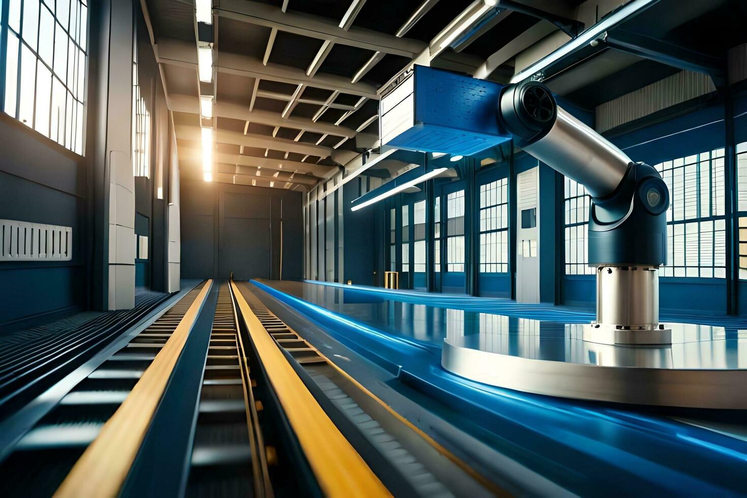 a robotic arm is sitting on a conveyor belt. AI-Generated photo