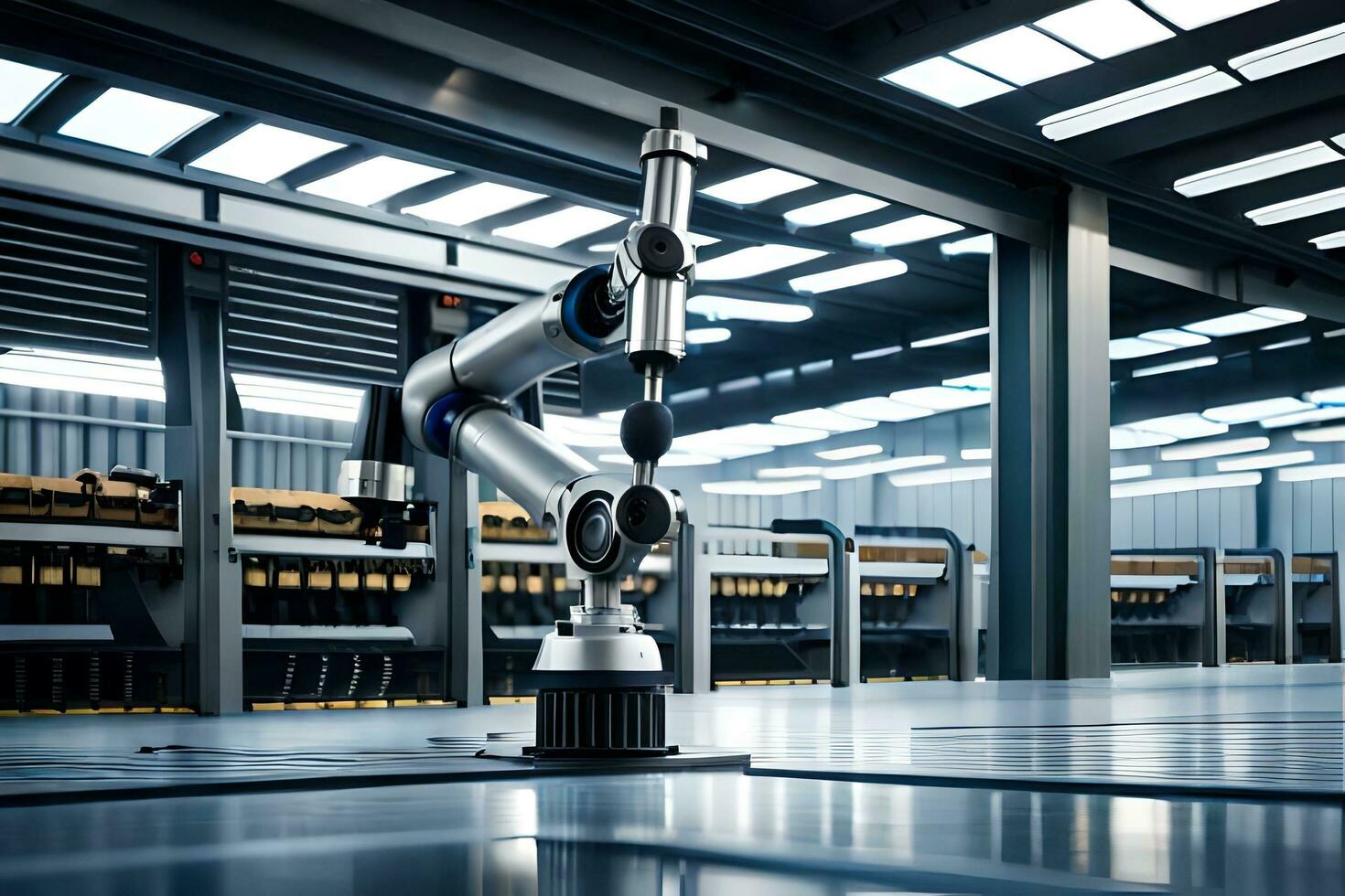 a robotic arm is sitting on a table in a warehouse. AI-Generated photo