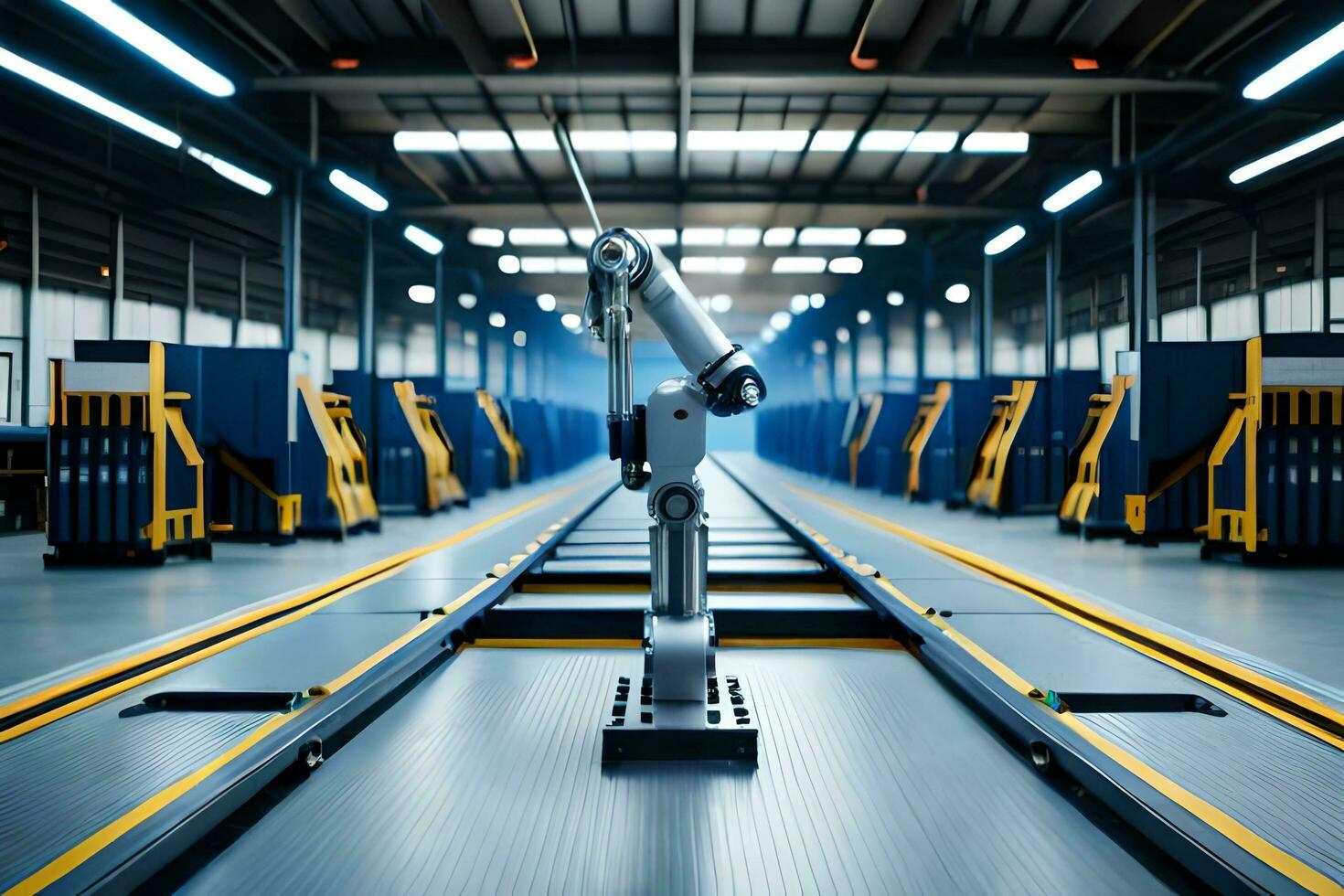 a robot is standing in the middle of a warehouse. AI-Generated photo