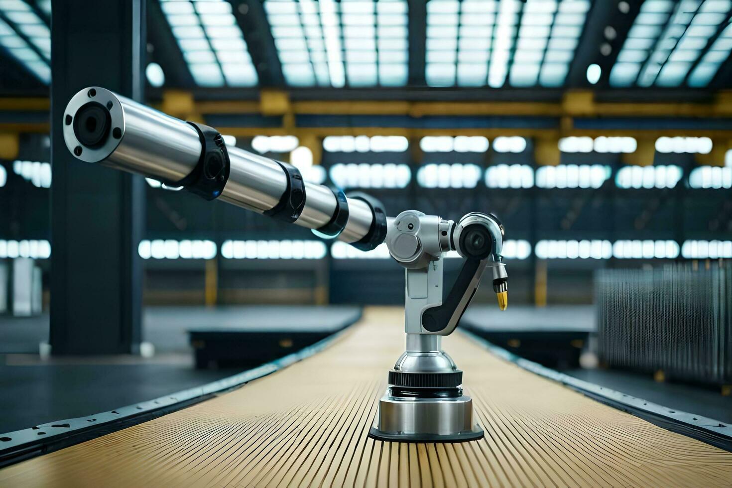 a robotic arm is sitting on a conveyor belt. AI-Generated photo