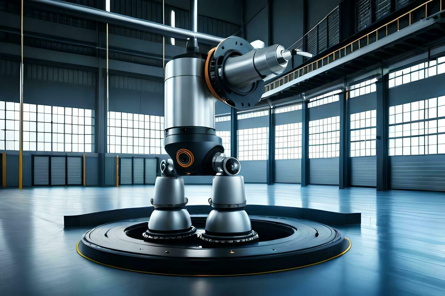 industrial robot in a large warehouse with large windows. AI-Generated photo