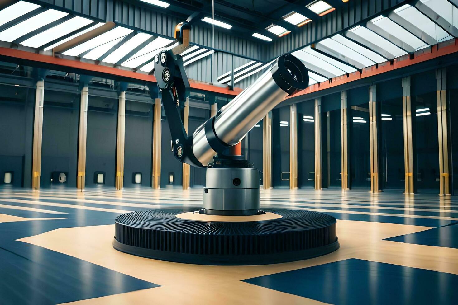 a large robot is sitting on a platform in a large room. AI-Generated photo