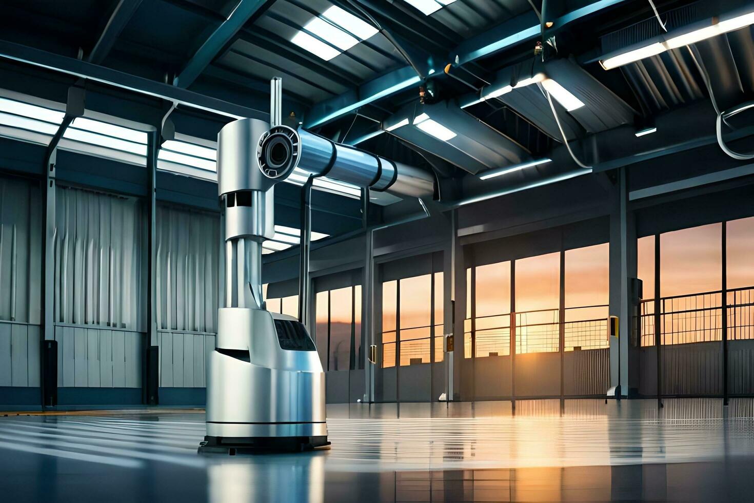 a robot in a large warehouse with a large window. AI-Generated photo