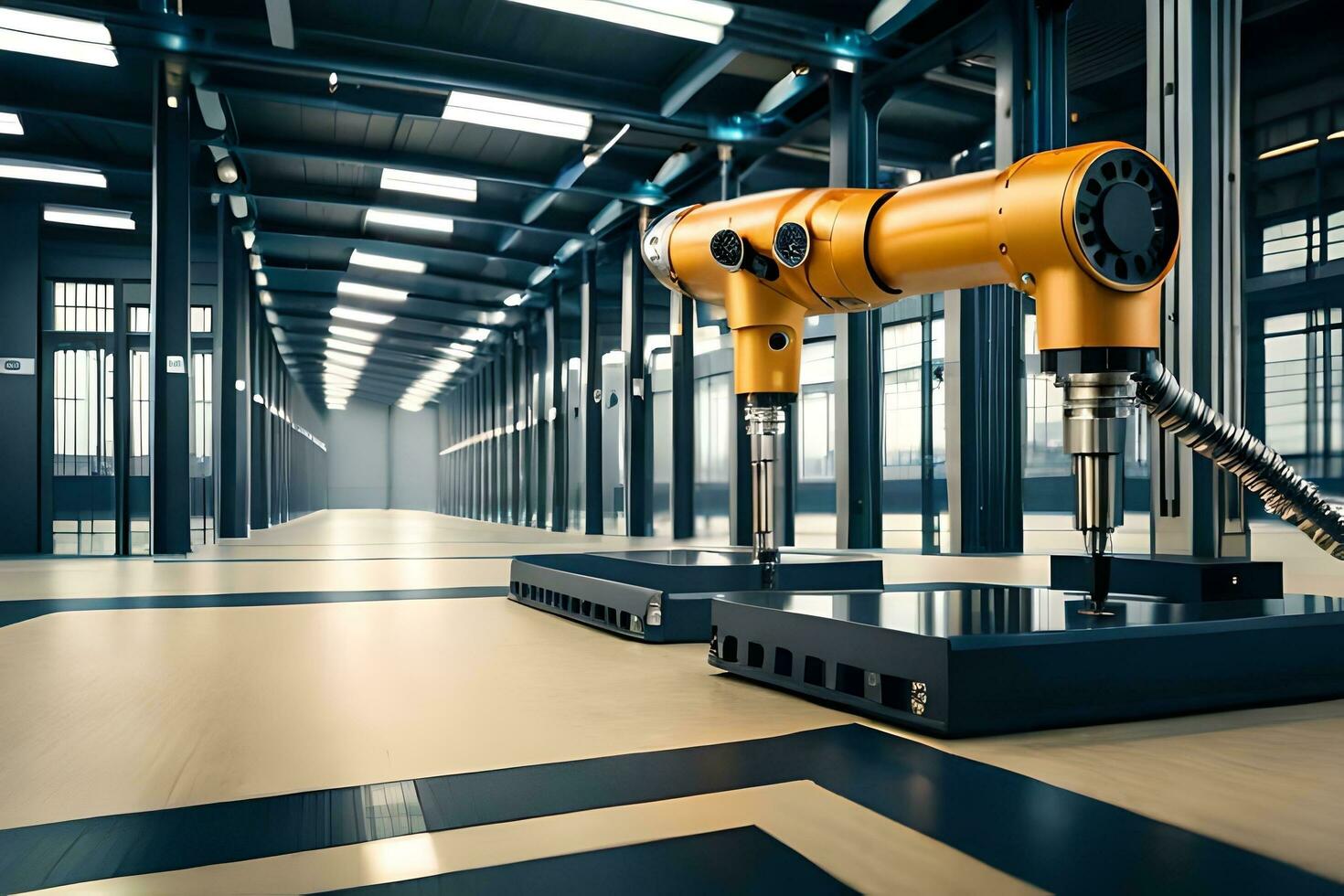 a robotic arm is sitting in a warehouse. AI-Generated photo