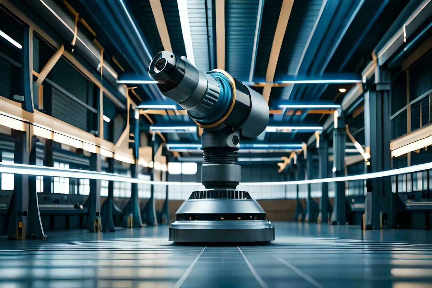 a robot is standing in a large warehouse. AI-Generated photo