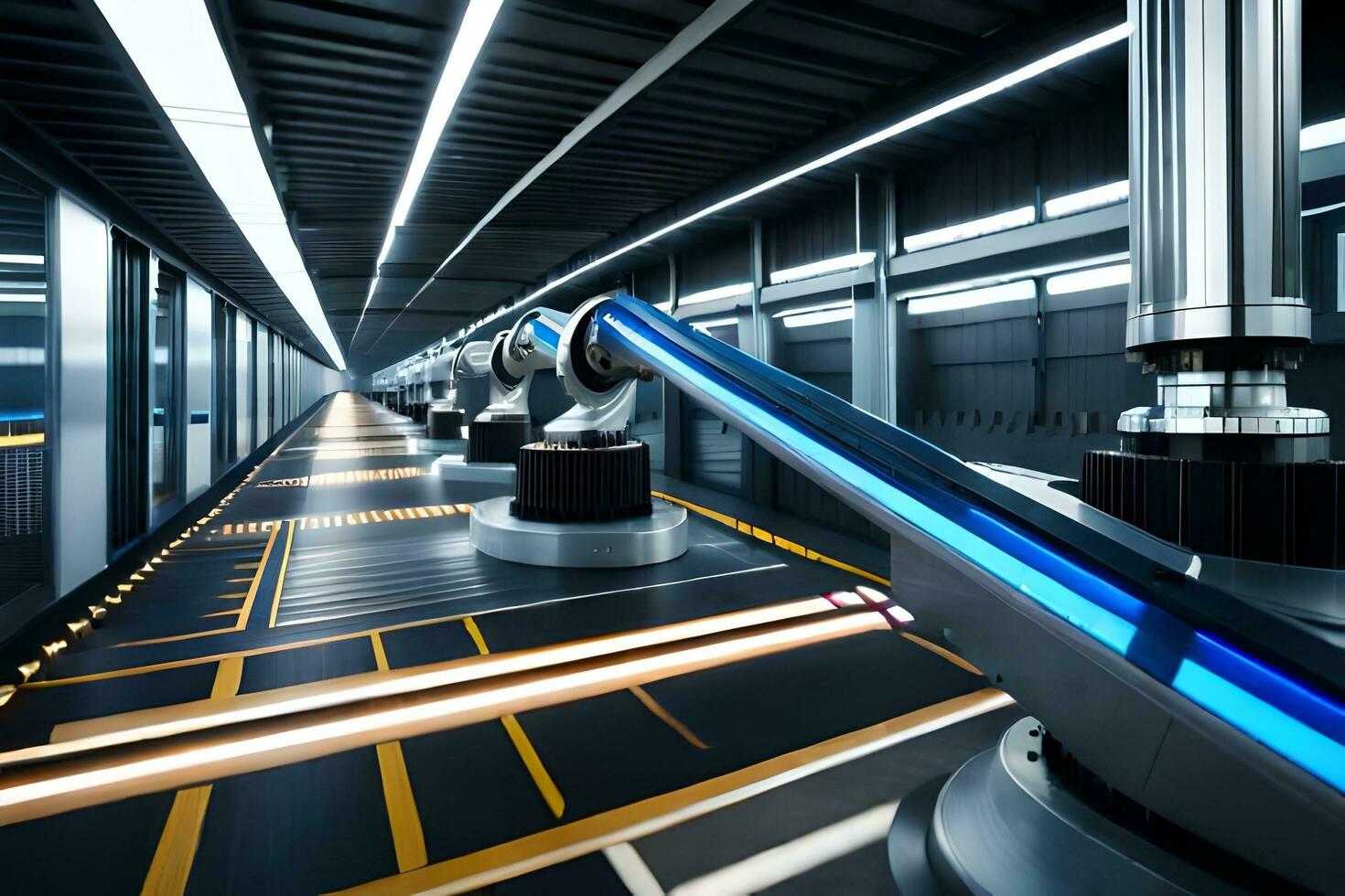a long line of robots moving in a factory. AI-Generated photo