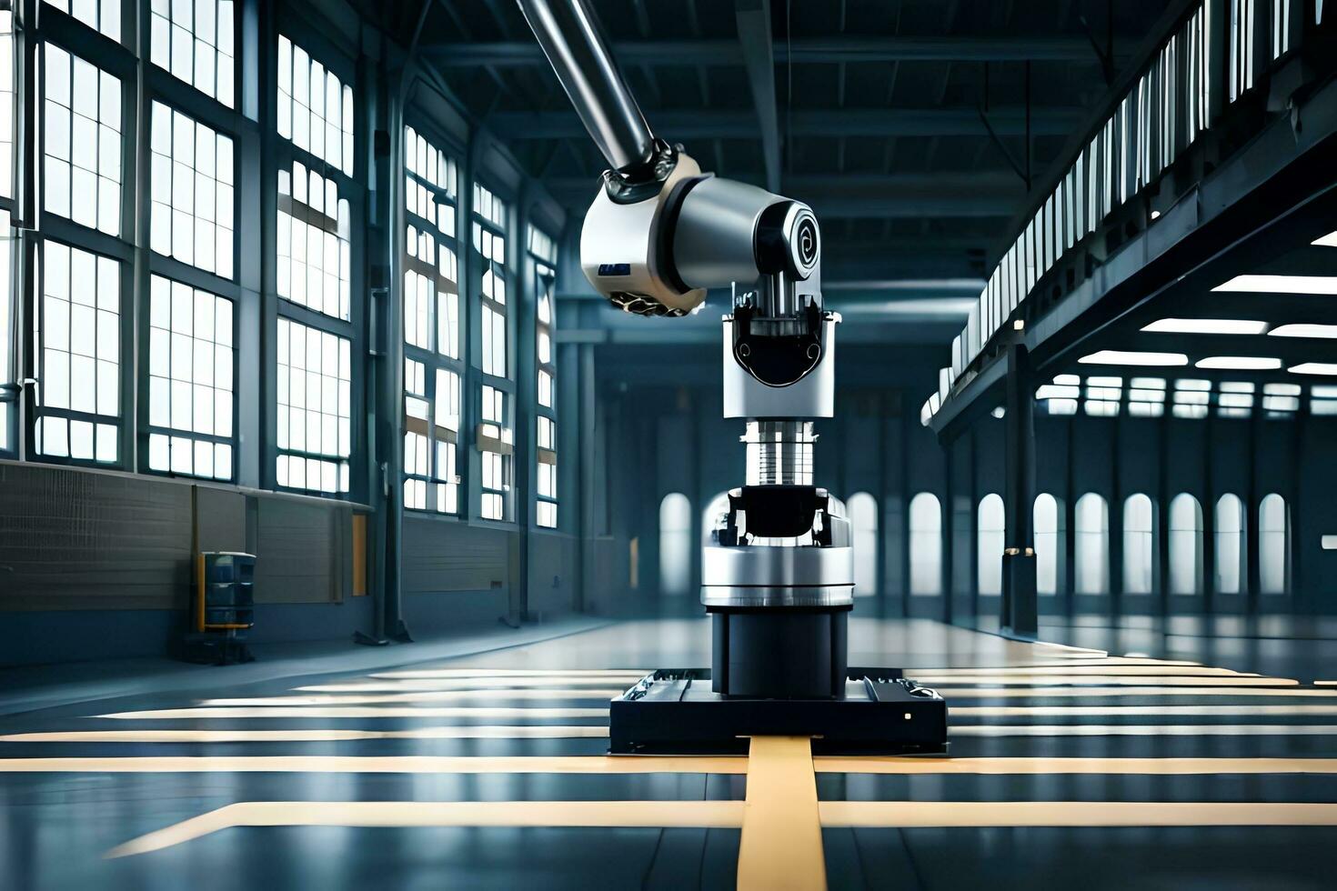 a robotic arm is standing in a large warehouse. AI-Generated photo