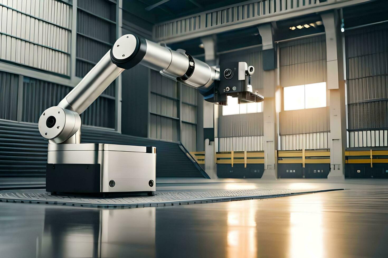 a robotic arm in a warehouse with a large window. AI-Generated photo