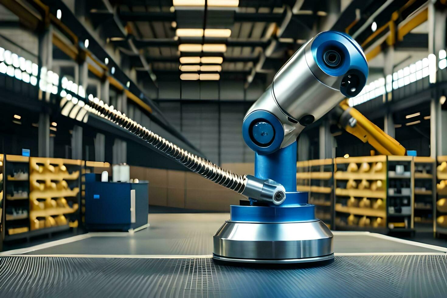 a robotic arm is sitting on a table in a warehouse. AI-Generated photo